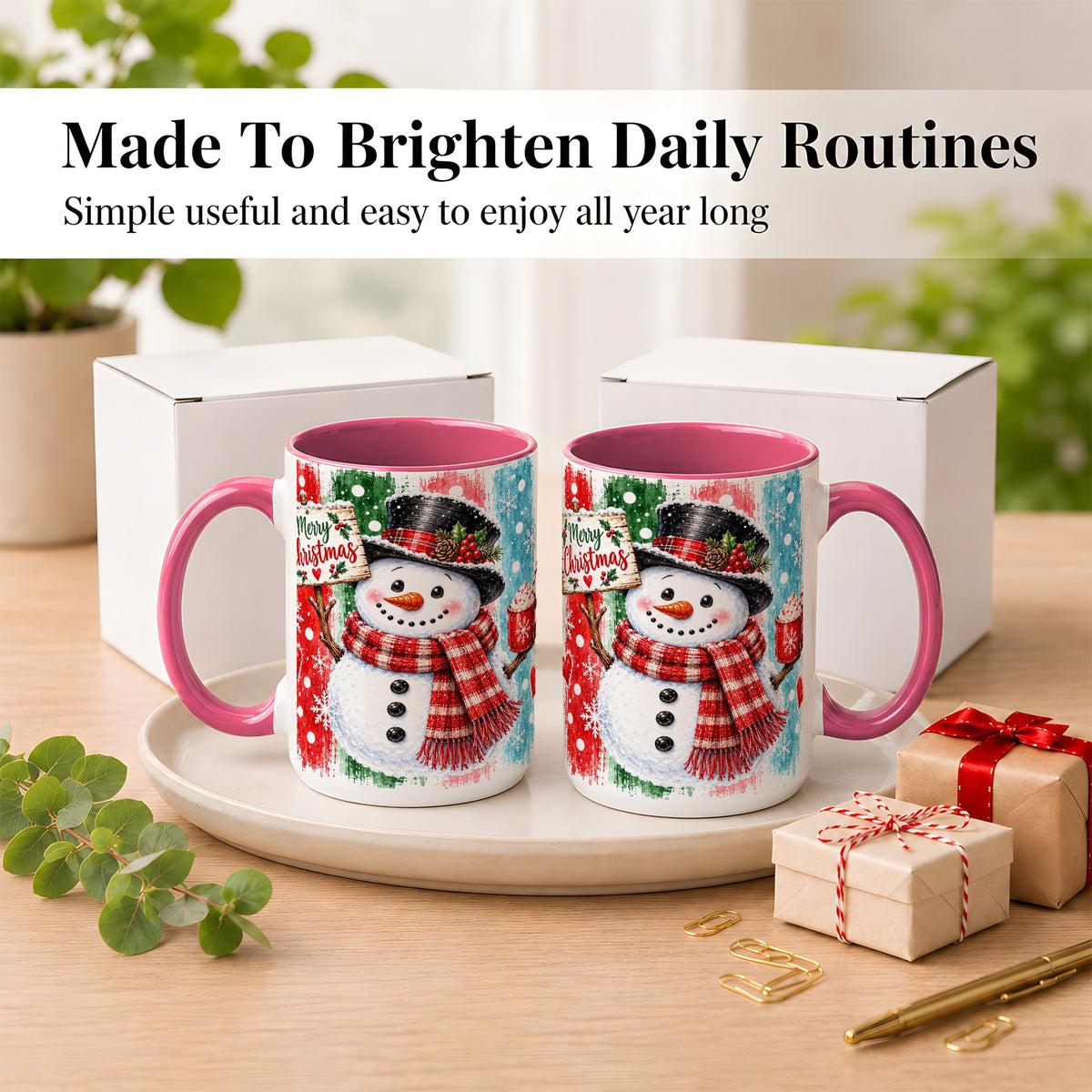 #pl[15oz|Pink] Christmas Snowman Coffee Mug, Holiday Cocoa Mug, Ceramic Cup