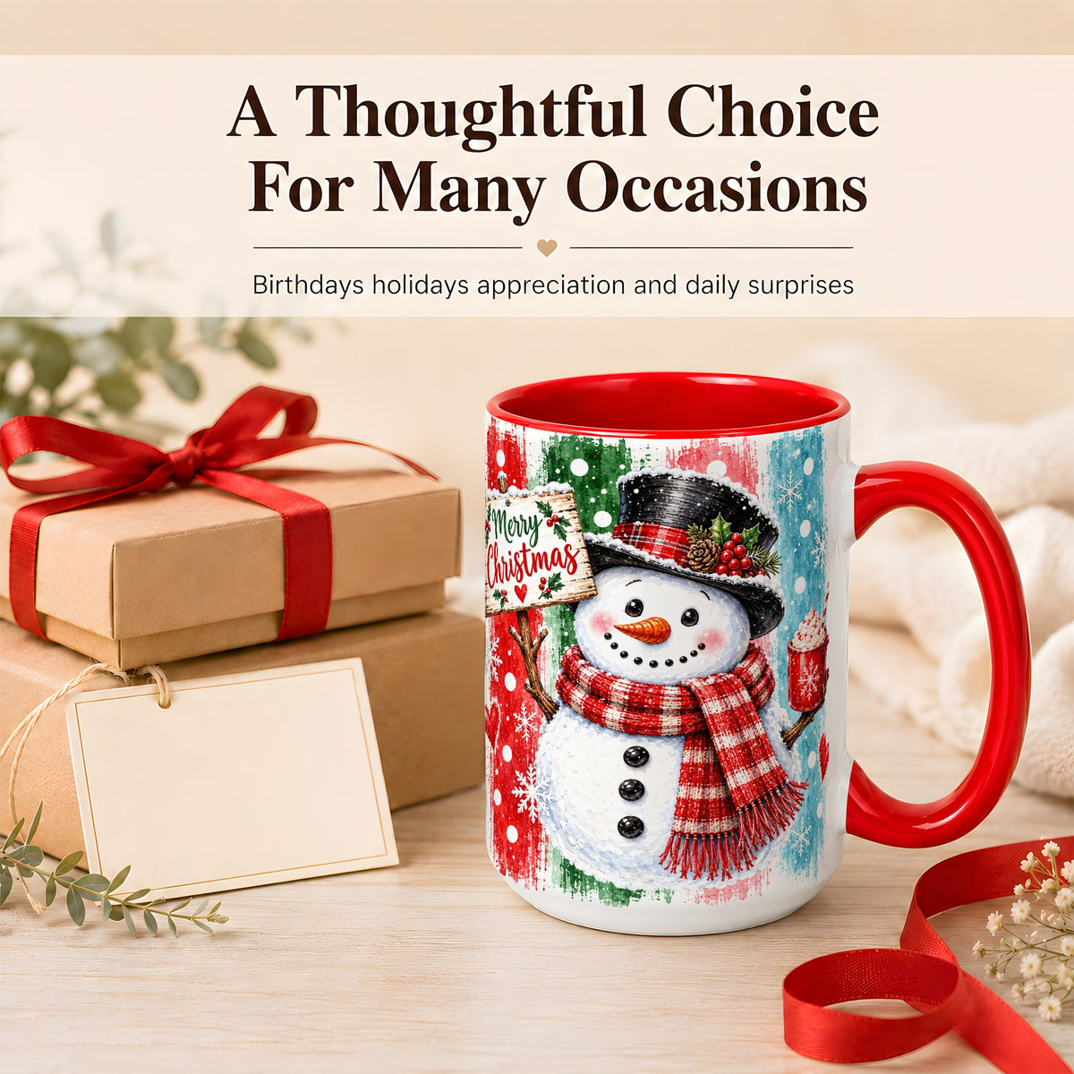 #pl[15oz|Red] Christmas Snowman Coffee Mug, Holiday Cocoa Mug, Ceramic Cup