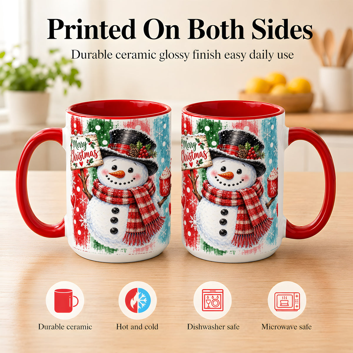 #pl[15oz|Red] Christmas Snowman Coffee Mug, Holiday Cocoa Mug, Ceramic Cup