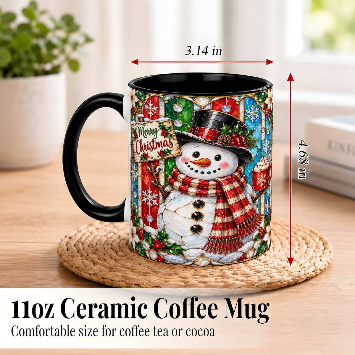 #pl[11oz|Black] Christmas Snowman Coffee Mug, Stained Glass Style Mug, Ceramic Cup