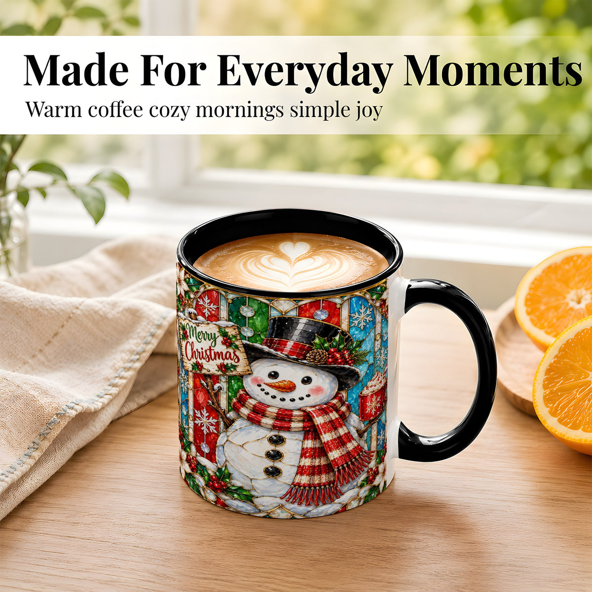 #pl[11oz|Black] Christmas Snowman Coffee Mug, Stained Glass Style Mug, Ceramic Cup
