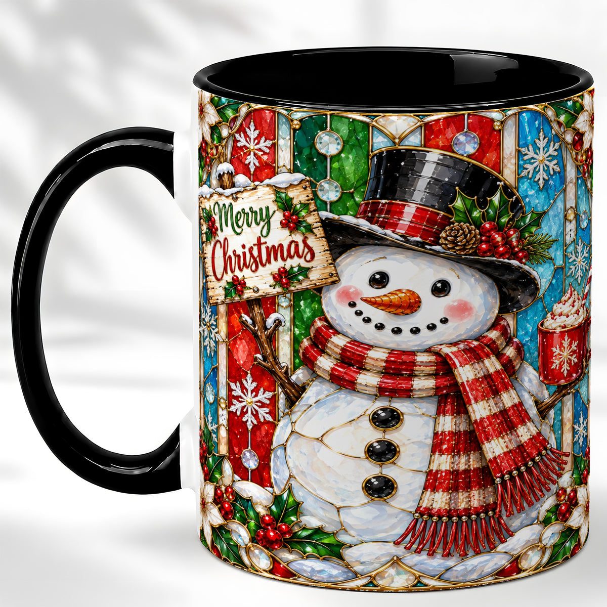 #pl[11oz|Black] Christmas Snowman Coffee Mug, Stained Glass Style Mug, Ceramic Cup