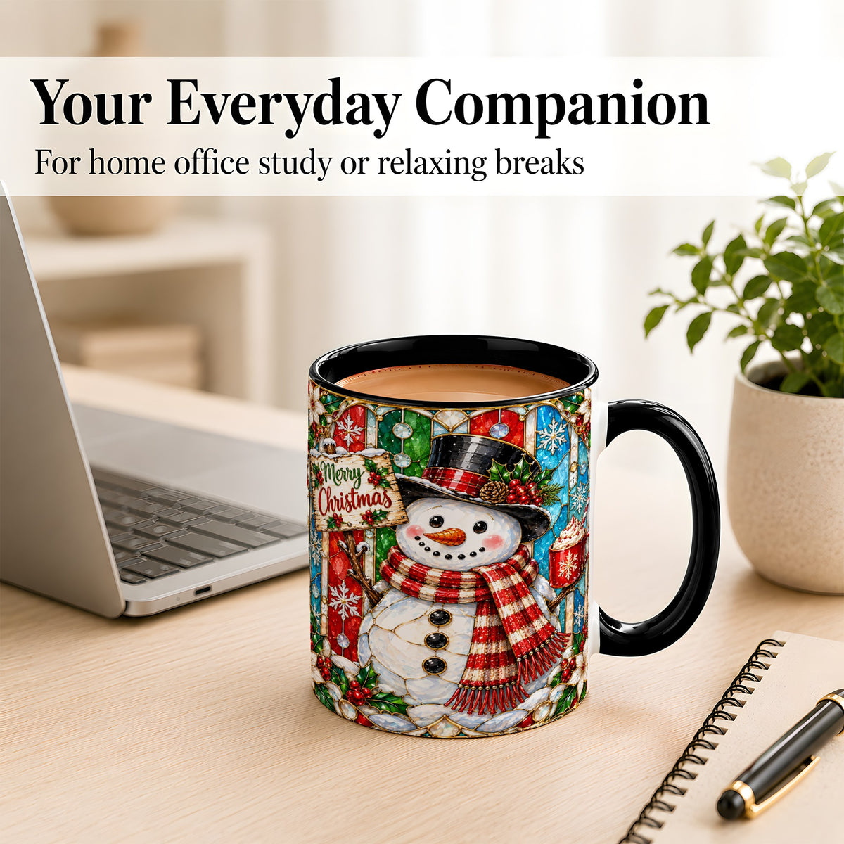 #pl[11oz|Black] Christmas Snowman Coffee Mug, Stained Glass Style Mug, Ceramic Cup