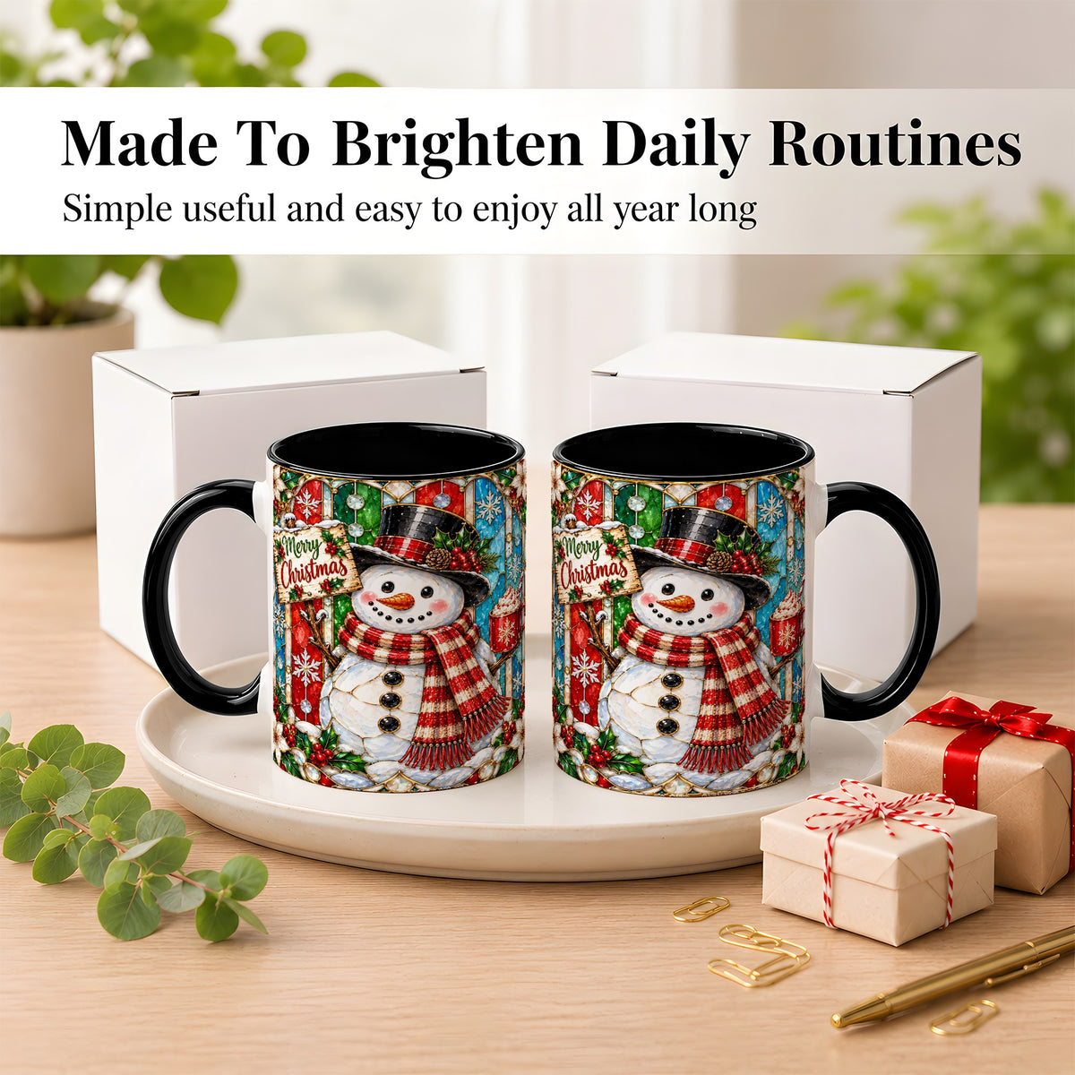 #pl[11oz|Black] Christmas Snowman Coffee Mug, Stained Glass Style Mug, Ceramic Cup