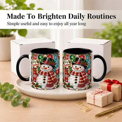 #pl[11oz|Black] Christmas Snowman Coffee Mug, Stained Glass Style Mug, Ceramic Cup