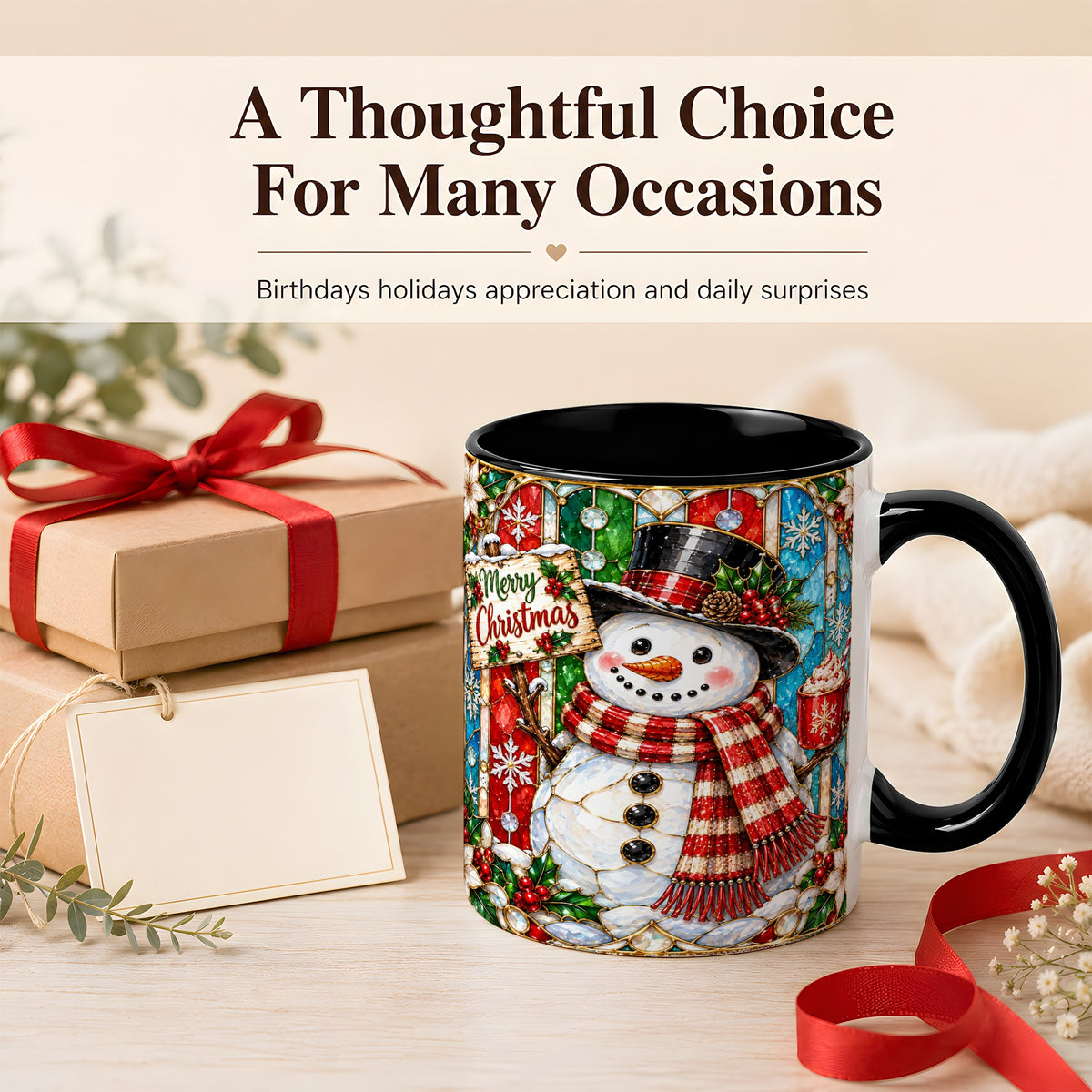 #pl[11oz|Black] Christmas Snowman Coffee Mug, Stained Glass Style Mug, Ceramic Cup