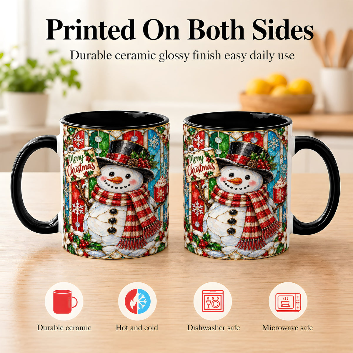 #pl[11oz|Black] Christmas Snowman Coffee Mug, Stained Glass Style Mug, Ceramic Cup