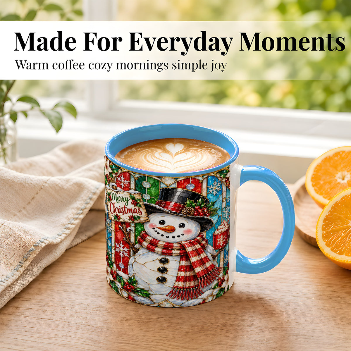 #pl[11oz|Blue] Christmas Snowman Coffee Mug, Stained Glass Style Mug, Ceramic Cup