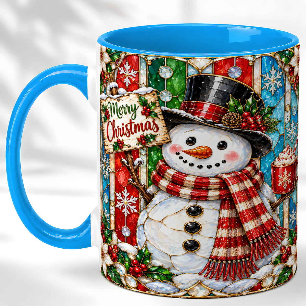 #pl[11oz|Blue] Christmas Snowman Coffee Mug, Stained Glass Style Mug, Ceramic Cup
