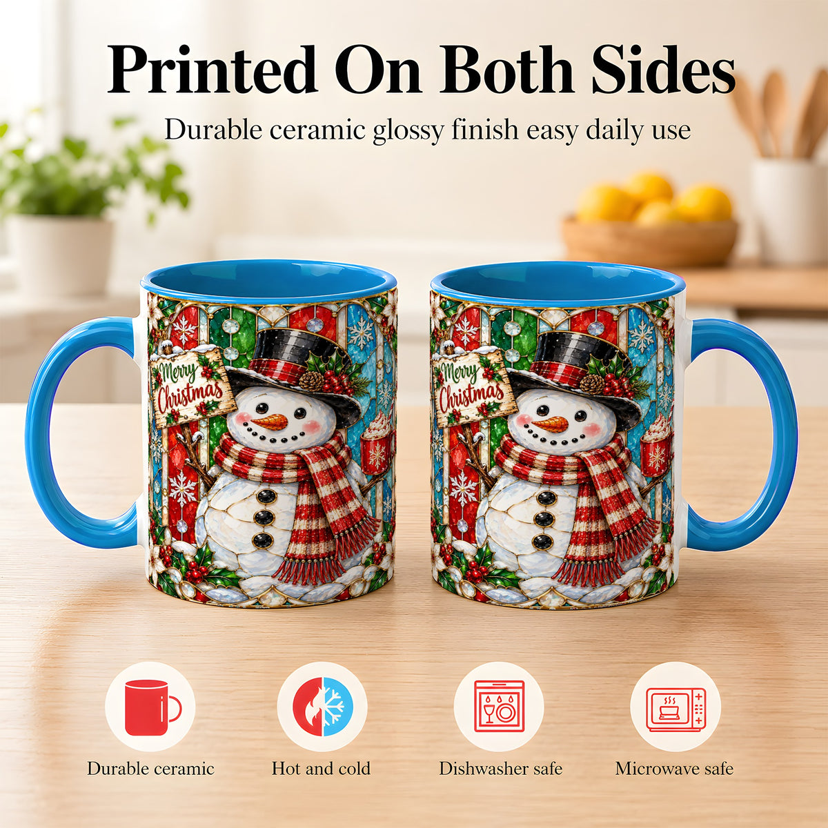 #pl[11oz|Blue] Christmas Snowman Coffee Mug, Stained Glass Style Mug, Ceramic Cup