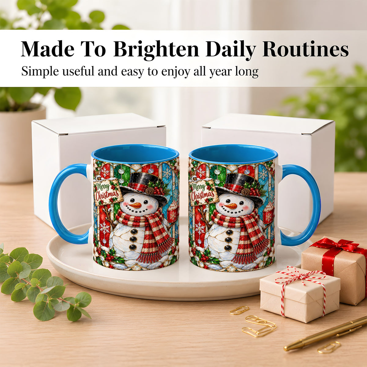 #pl[11oz|Blue] Christmas Snowman Coffee Mug, Stained Glass Style Mug, Ceramic Cup