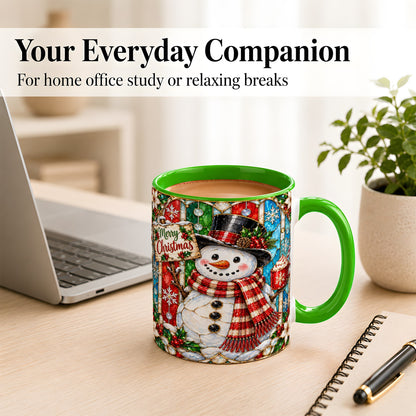 #pl[11oz|Green] Christmas Snowman Coffee Mug, Stained Glass Style Mug, Ceramic Cup