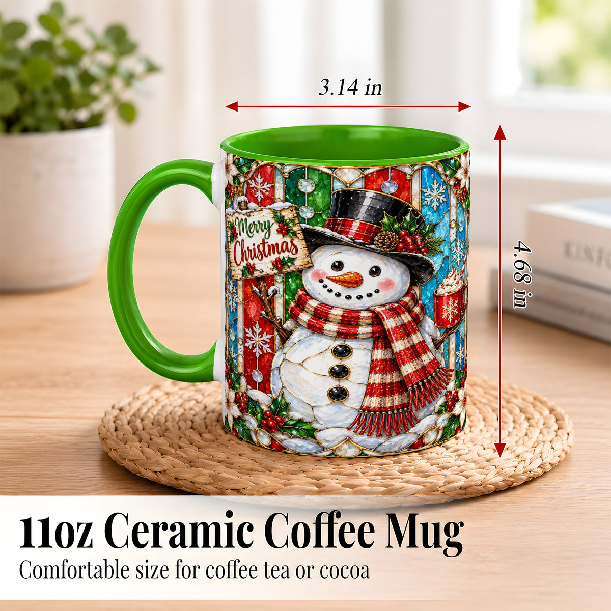 #pl[11oz|Green] Christmas Snowman Coffee Mug, Stained Glass Style Mug, Ceramic Cup