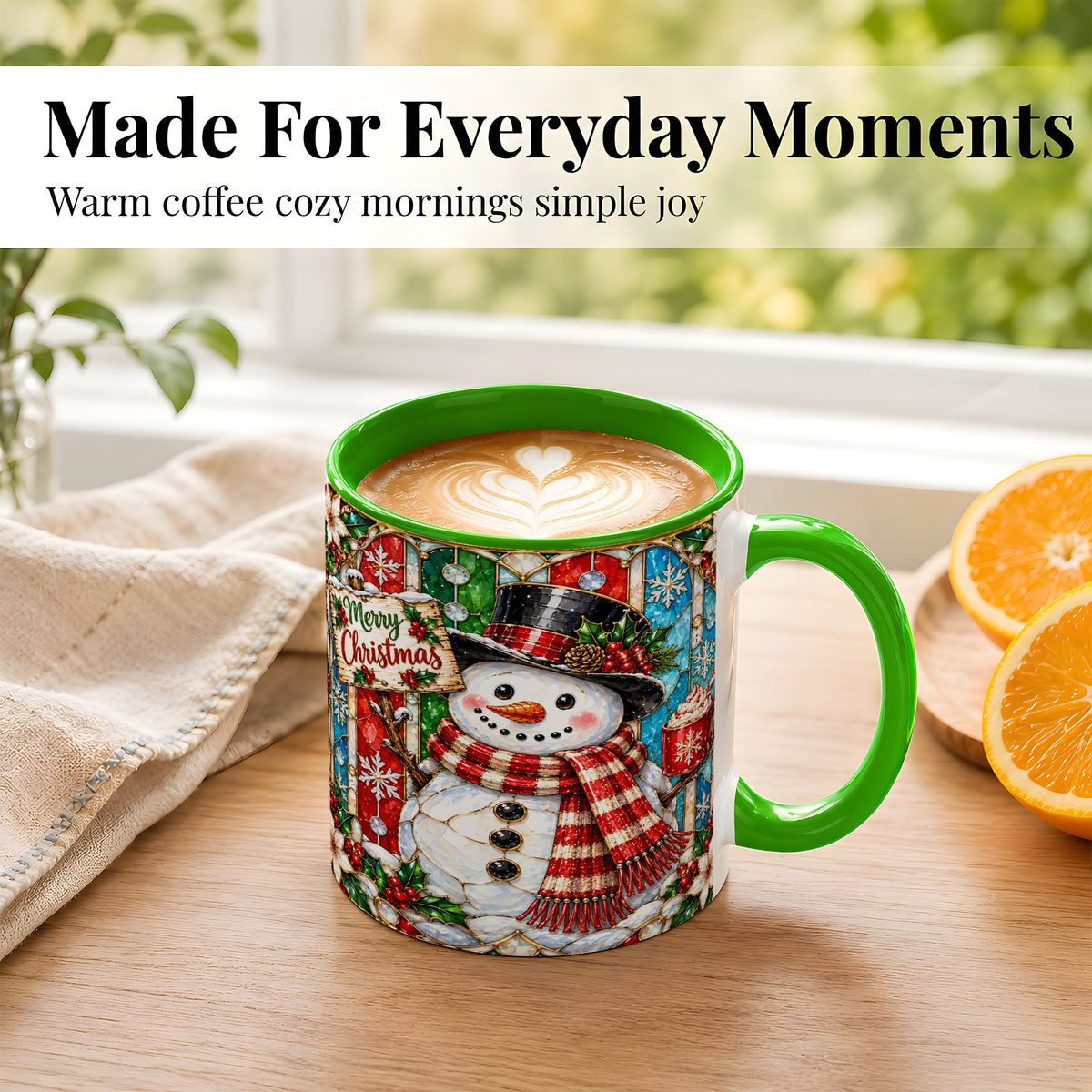 #pl[11oz|Green] Christmas Snowman Coffee Mug, Stained Glass Style Mug, Ceramic Cup