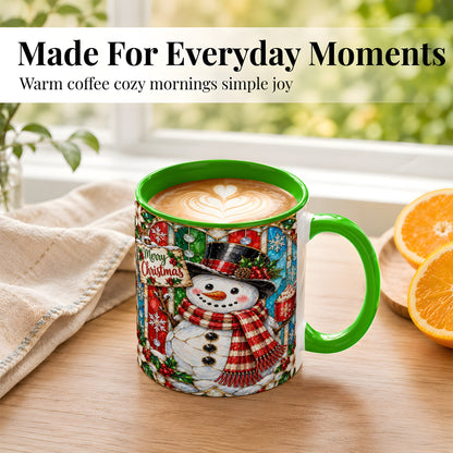#pl[11oz|Green] Christmas Snowman Coffee Mug, Stained Glass Style Mug, Ceramic Cup