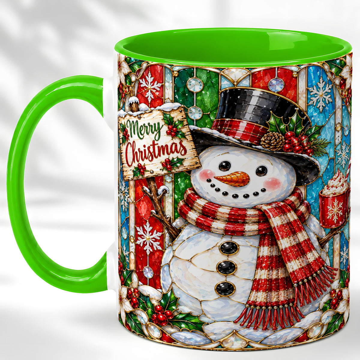 #pl[11oz|Green] Christmas Snowman Coffee Mug, Stained Glass Style Mug, Ceramic Cup
