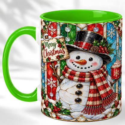 #pl[11oz|Green] Christmas Snowman Coffee Mug, Stained Glass Style Mug, Ceramic Cup