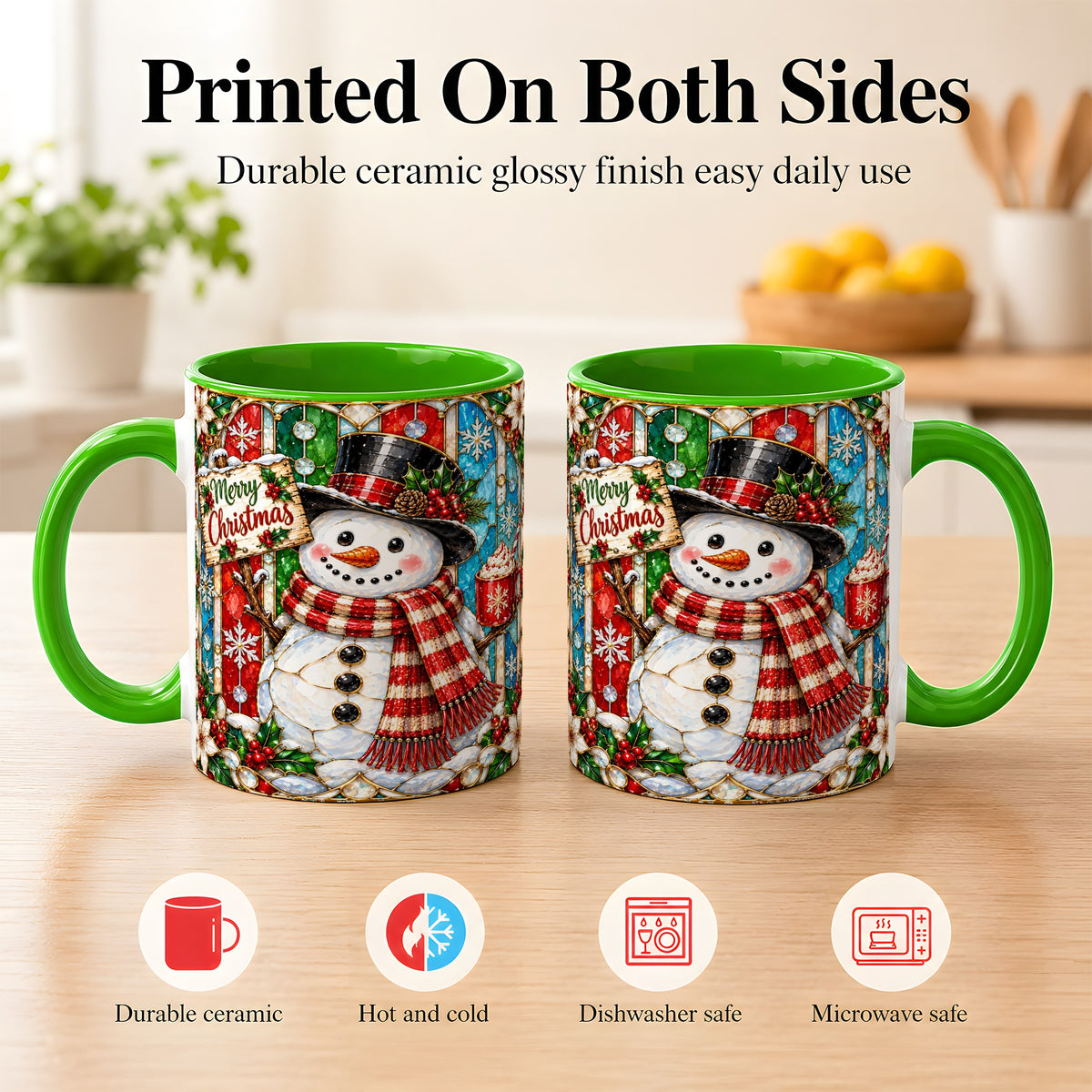 #pl[11oz|Green] Christmas Snowman Coffee Mug, Stained Glass Style Mug, Ceramic Cup