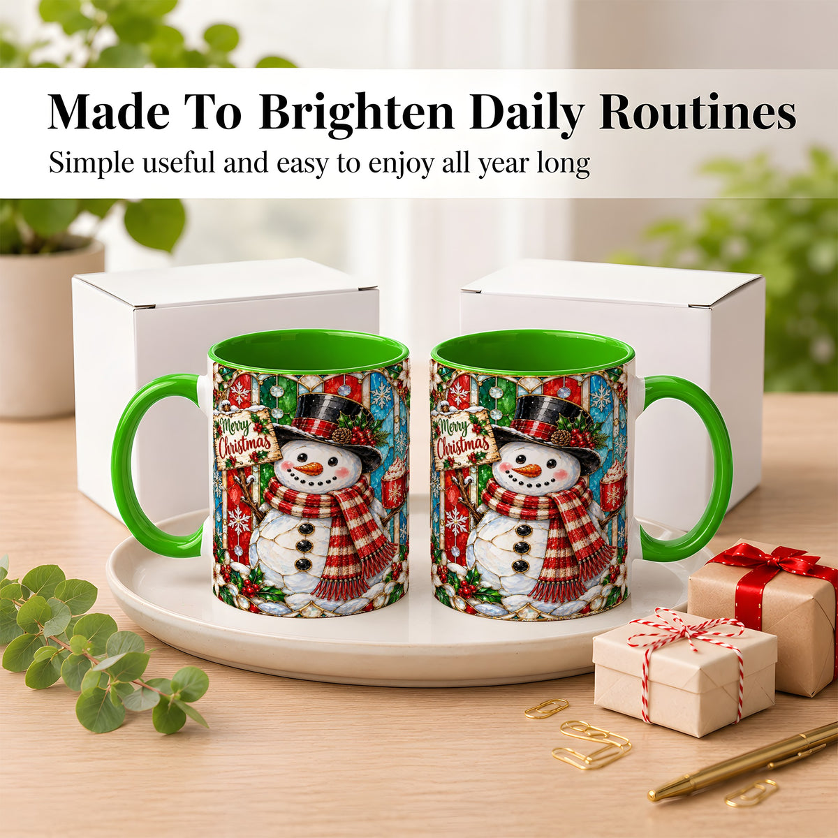 #pl[11oz|Green] Christmas Snowman Coffee Mug, Stained Glass Style Mug, Ceramic Cup