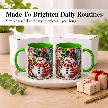 #pl[11oz|Green] Christmas Snowman Coffee Mug, Stained Glass Style Mug, Ceramic Cup
