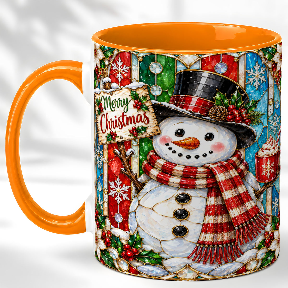 #pl[11oz|Orange] Christmas Snowman Coffee Mug, Stained Glass Style Mug, Ceramic Cup