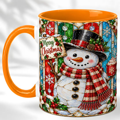 #pl[11oz|Orange] Christmas Snowman Coffee Mug, Stained Glass Style Mug, Ceramic Cup