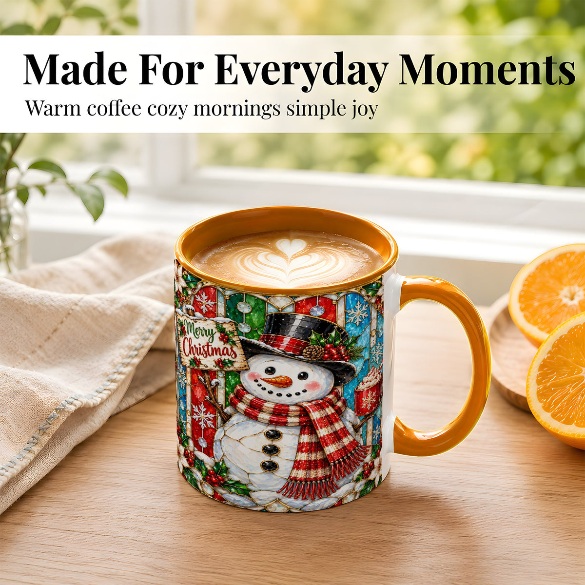 #pl[11oz|Orange] Christmas Snowman Coffee Mug, Stained Glass Style Mug, Ceramic Cup