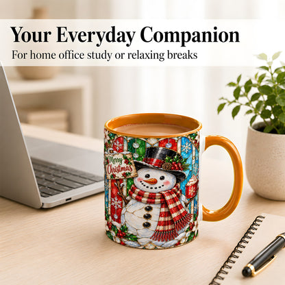 #pl[11oz|Orange] Christmas Snowman Coffee Mug, Stained Glass Style Mug, Ceramic Cup