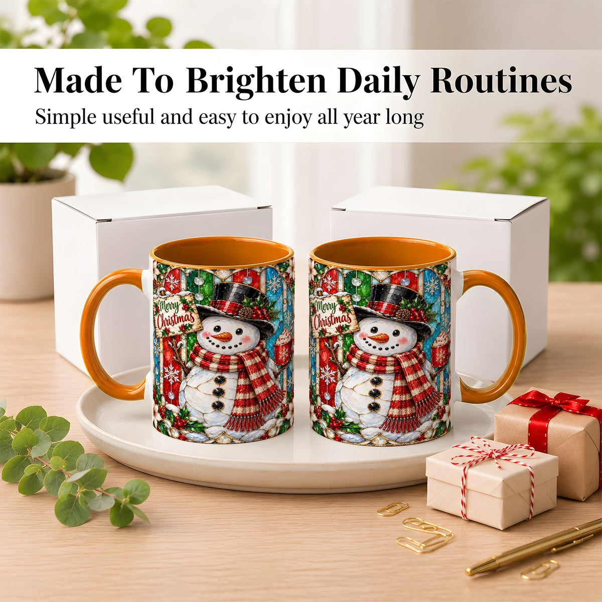 #pl[11oz|Orange] Christmas Snowman Coffee Mug, Stained Glass Style Mug, Ceramic Cup