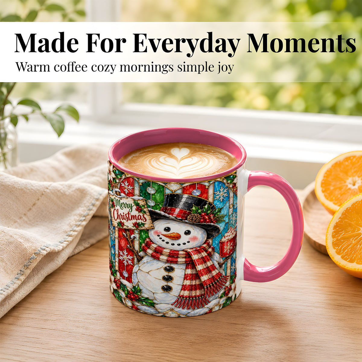 #pl[11oz|Pink] Christmas Snowman Coffee Mug, Stained Glass Style Mug, Ceramic Cup