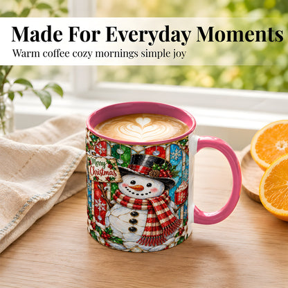 #pl[11oz|Pink] Christmas Snowman Coffee Mug, Stained Glass Style Mug, Ceramic Cup