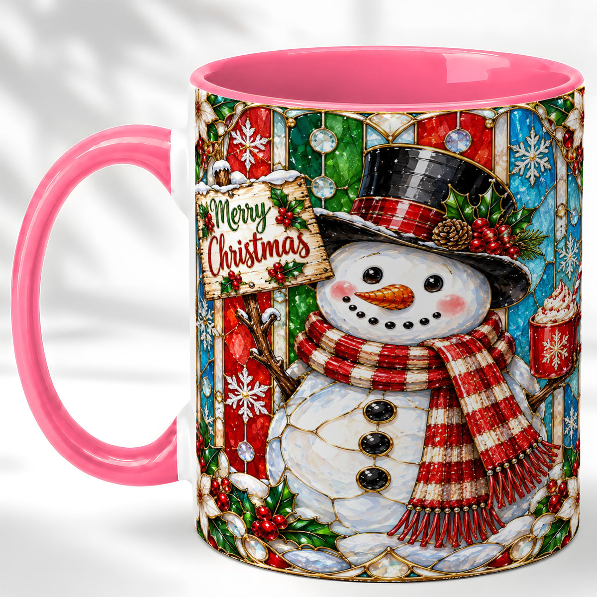 #pl[11oz|Pink] Christmas Snowman Coffee Mug, Stained Glass Style Mug, Ceramic Cup