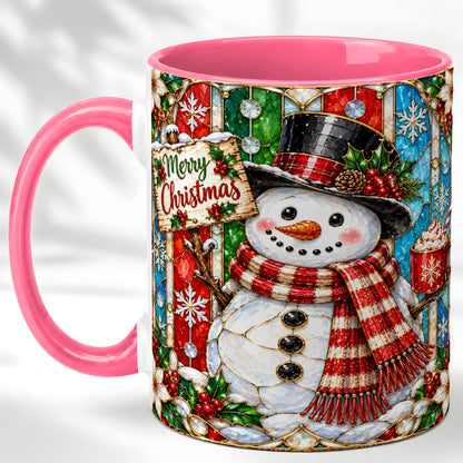 #pl[11oz|Pink] Christmas Snowman Coffee Mug, Stained Glass Style Mug, Ceramic Cup