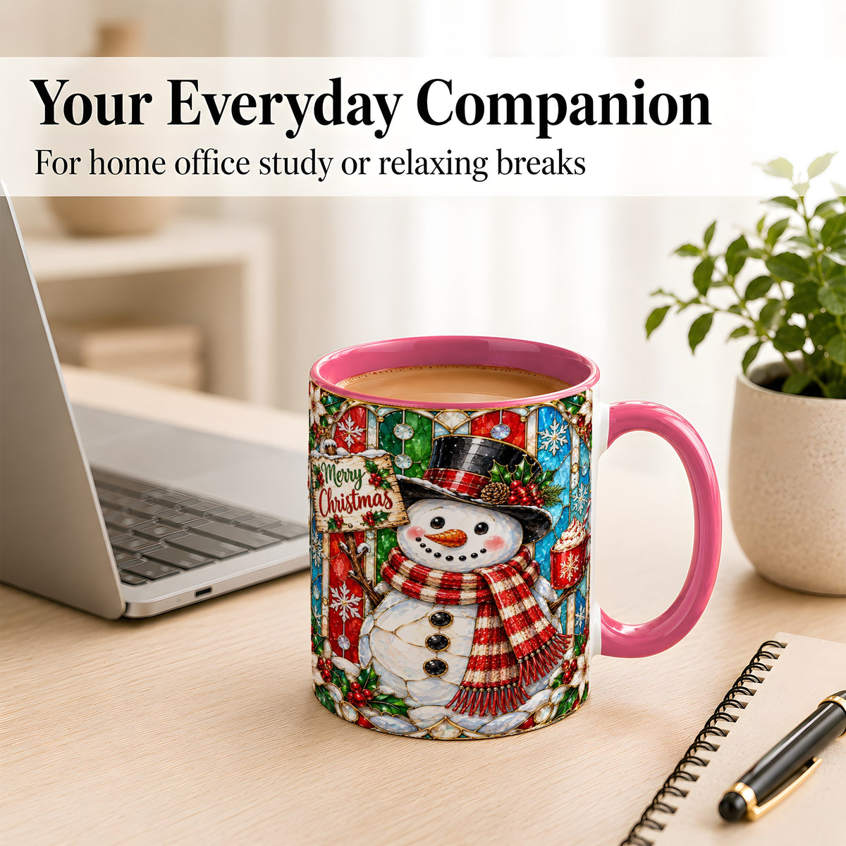 #pl[11oz|Pink] Christmas Snowman Coffee Mug, Stained Glass Style Mug, Ceramic Cup