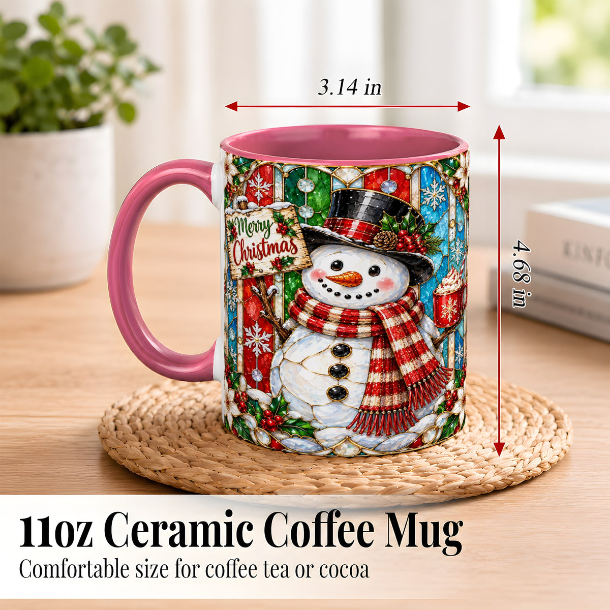 #pl[11oz|Pink] Christmas Snowman Coffee Mug, Stained Glass Style Mug, Ceramic Cup