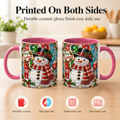 #pl[11oz|Pink] Christmas Snowman Coffee Mug, Stained Glass Style Mug, Ceramic Cup