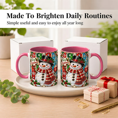 #pl[11oz|Pink] Christmas Snowman Coffee Mug, Stained Glass Style Mug, Ceramic Cup
