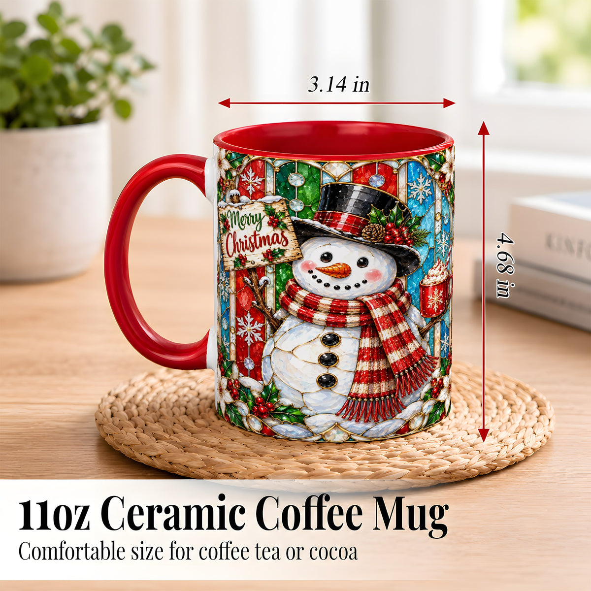 #pl[11oz|Red] Christmas Snowman Coffee Mug, Stained Glass Style Mug, Ceramic Cup