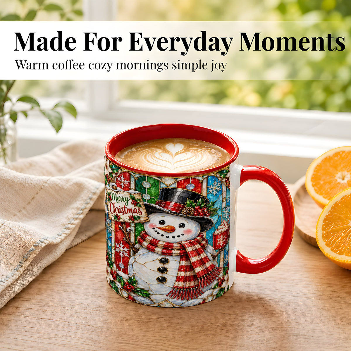 #pl[11oz|Red] Christmas Snowman Coffee Mug, Stained Glass Style Mug, Ceramic Cup