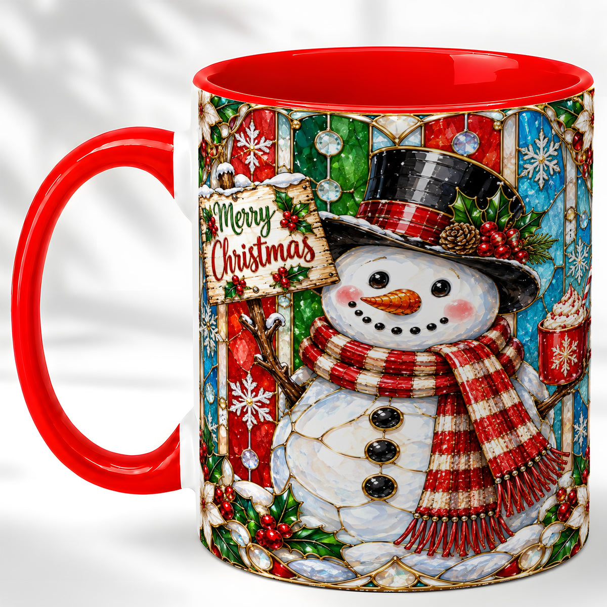 Christmas Snowman Coffee Mug, Stained Glass Style Mug, Ceramic Cup