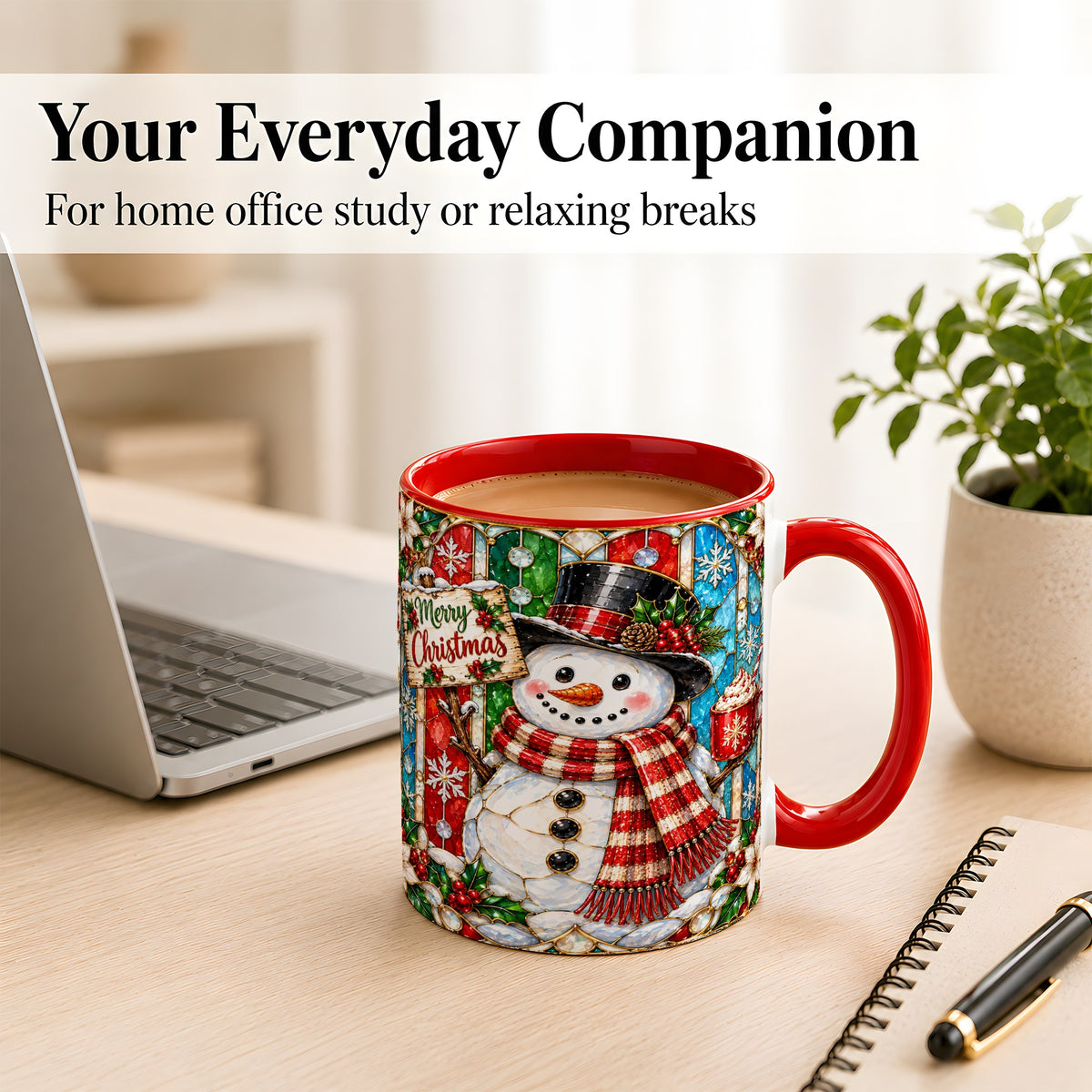 #pl[11oz|Red] Christmas Snowman Coffee Mug, Stained Glass Style Mug, Ceramic Cup