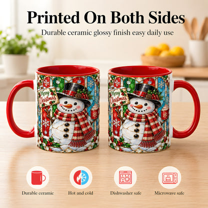 #pl[11oz|Red] Christmas Snowman Coffee Mug, Stained Glass Style Mug, Ceramic Cup