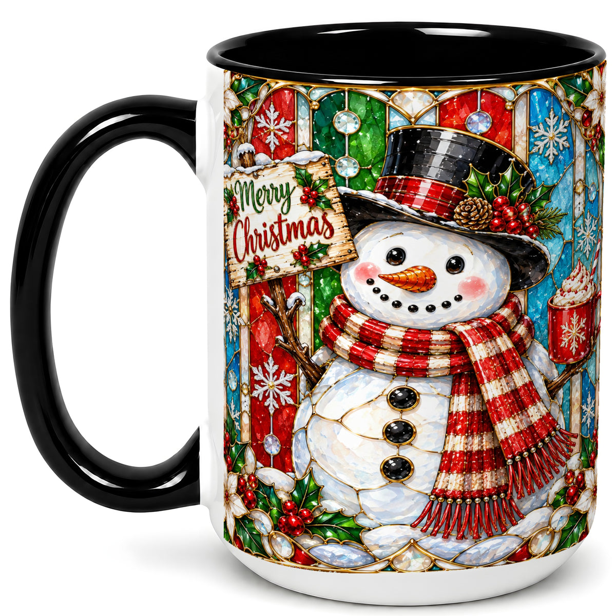 #pl[15oz|Black] Christmas Snowman Coffee Mug, Stained Glass Style Mug, Ceramic Cup