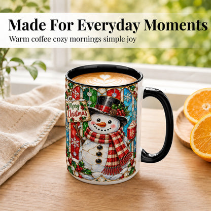 #pl[15oz|Black] Christmas Snowman Coffee Mug, Stained Glass Style Mug, Ceramic Cup