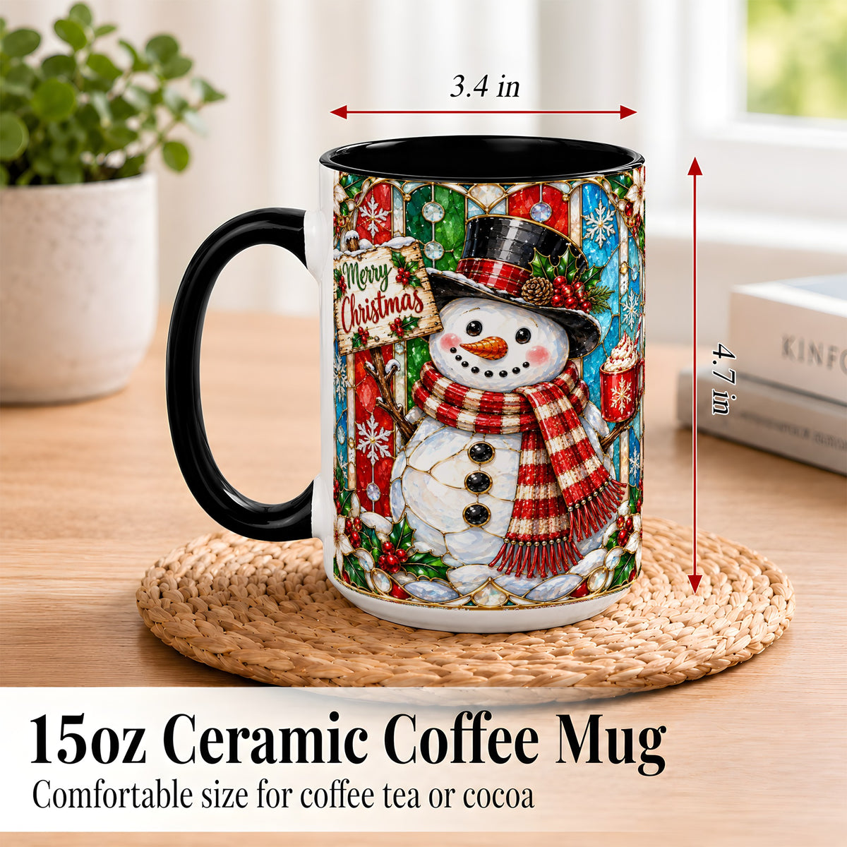 #pl[15oz|Black] Christmas Snowman Coffee Mug, Stained Glass Style Mug, Ceramic Cup