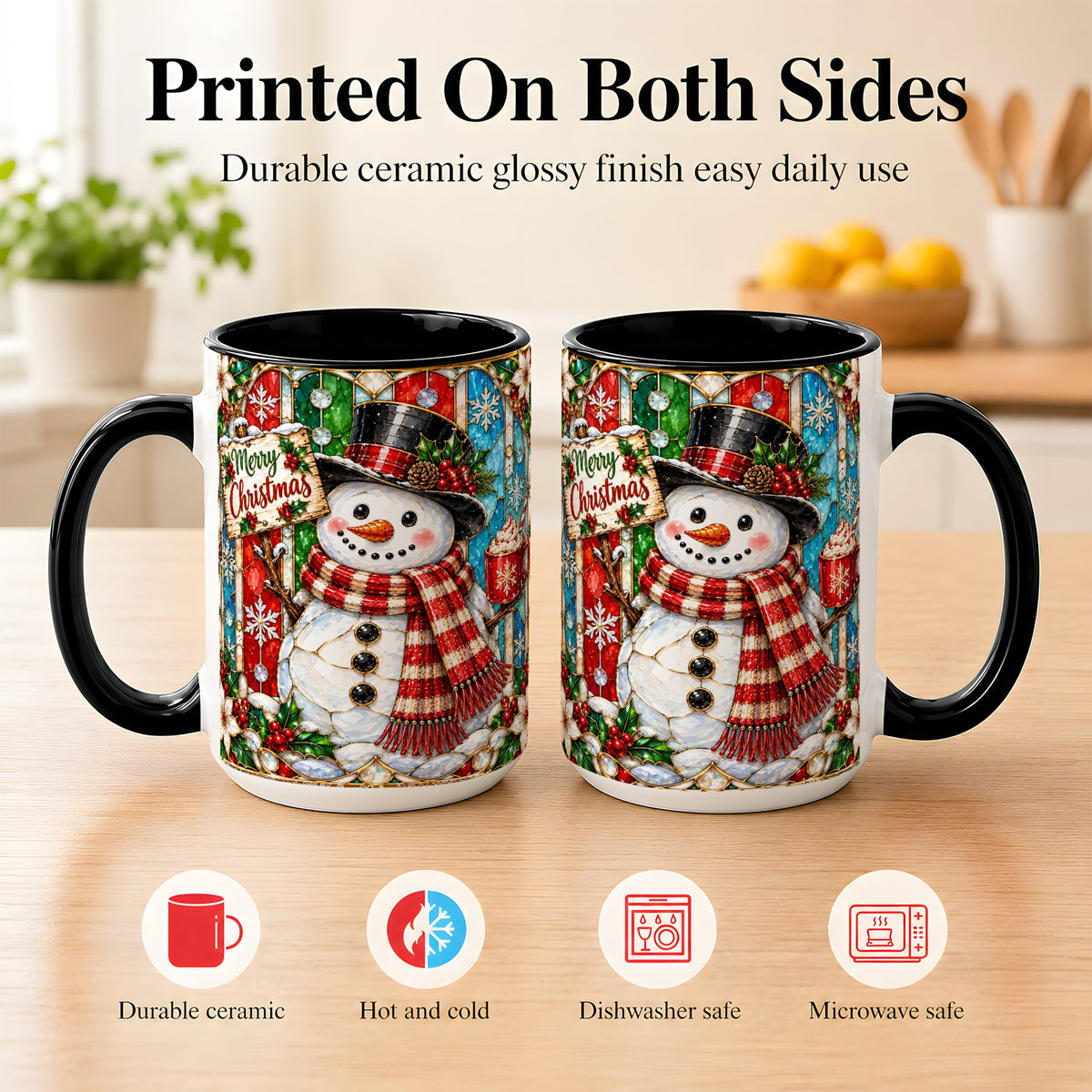 #pl[15oz|Black] Christmas Snowman Coffee Mug, Stained Glass Style Mug, Ceramic Cup