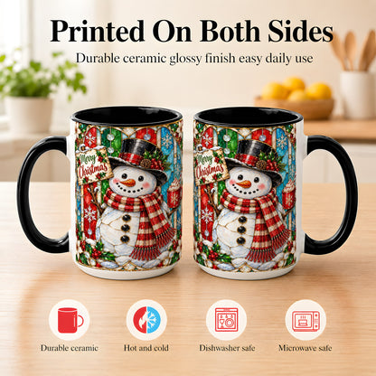#pl[15oz|Black] Christmas Snowman Coffee Mug, Stained Glass Style Mug, Ceramic Cup