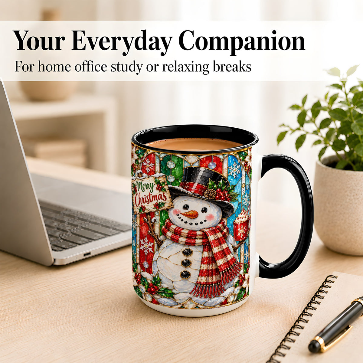 #pl[15oz|Black] Christmas Snowman Coffee Mug, Stained Glass Style Mug, Ceramic Cup