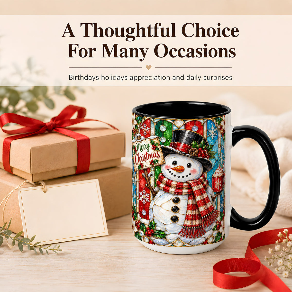 #pl[15oz|Black] Christmas Snowman Coffee Mug, Stained Glass Style Mug, Ceramic Cup