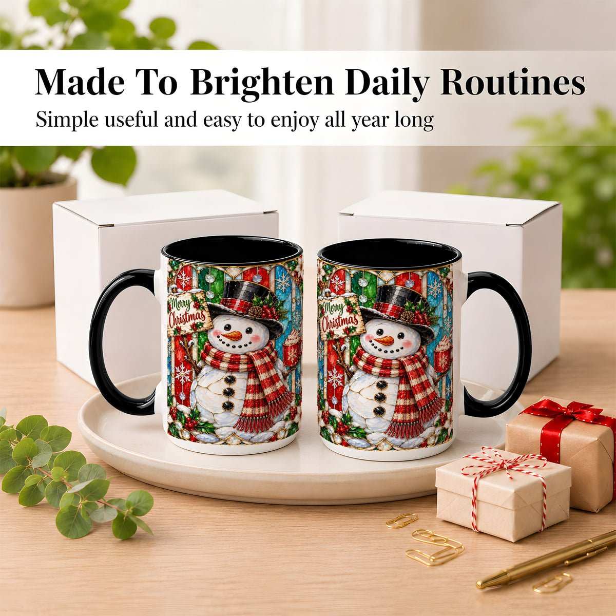 #pl[15oz|Black] Christmas Snowman Coffee Mug, Stained Glass Style Mug, Ceramic Cup